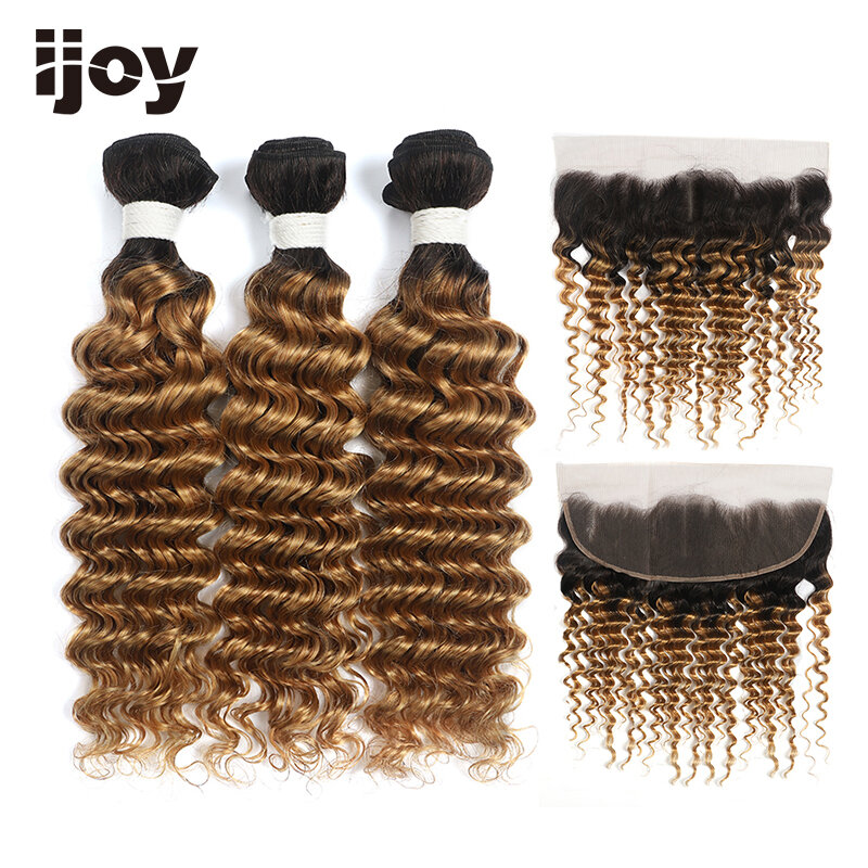 Deep Wave Human Hair Bundles With Closure IJOY Ombre Blonde Colored Hair Weave Bundles With Closure 13x4 Non-Remy Hair Extension