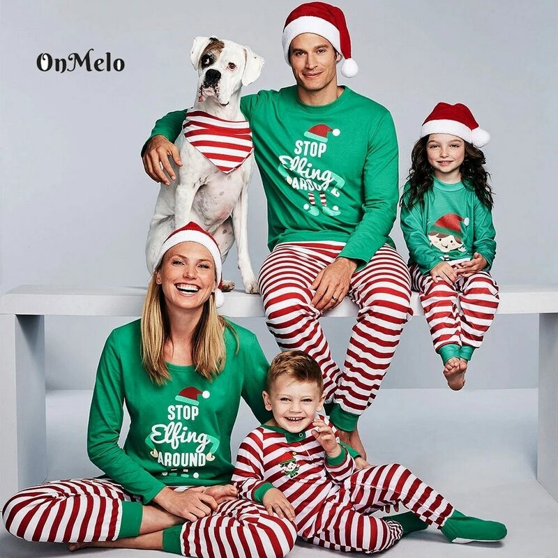 OnMelo الأسرة عيد الميلاد منامة مطابقة الأسرة وتتسابق وقف Elfing حول طويلة الأكمام بلايز مخطط بنطلون ملابس كاجوال مجموعة
