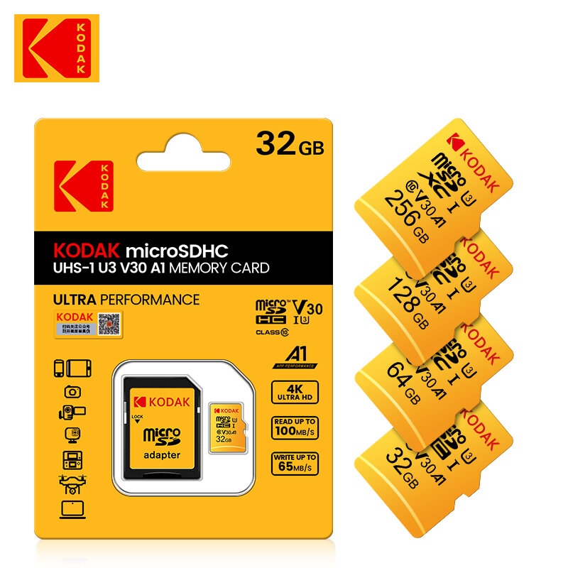 بطاقة كوداك U3 الأصلية مايكرو sd 32GB 64GB SDHC 128GB 256GB SDXC الفئة 10 بطاقة ذاكرة فلاش C10 ميكروسد tf بطاقة مع محول sd
