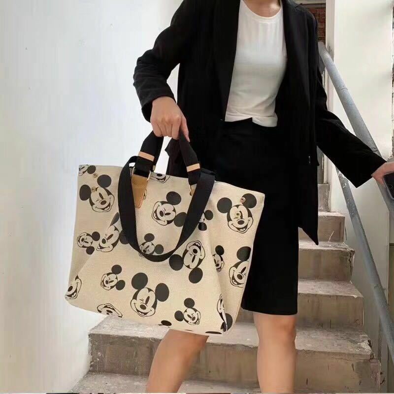 جديد ديزني الكورية حقيبة قماش قنب سعة كبيرة حمل حقيبة ميكي ماوس المرأة موضة طباعة الكتف قطري على ظهره
