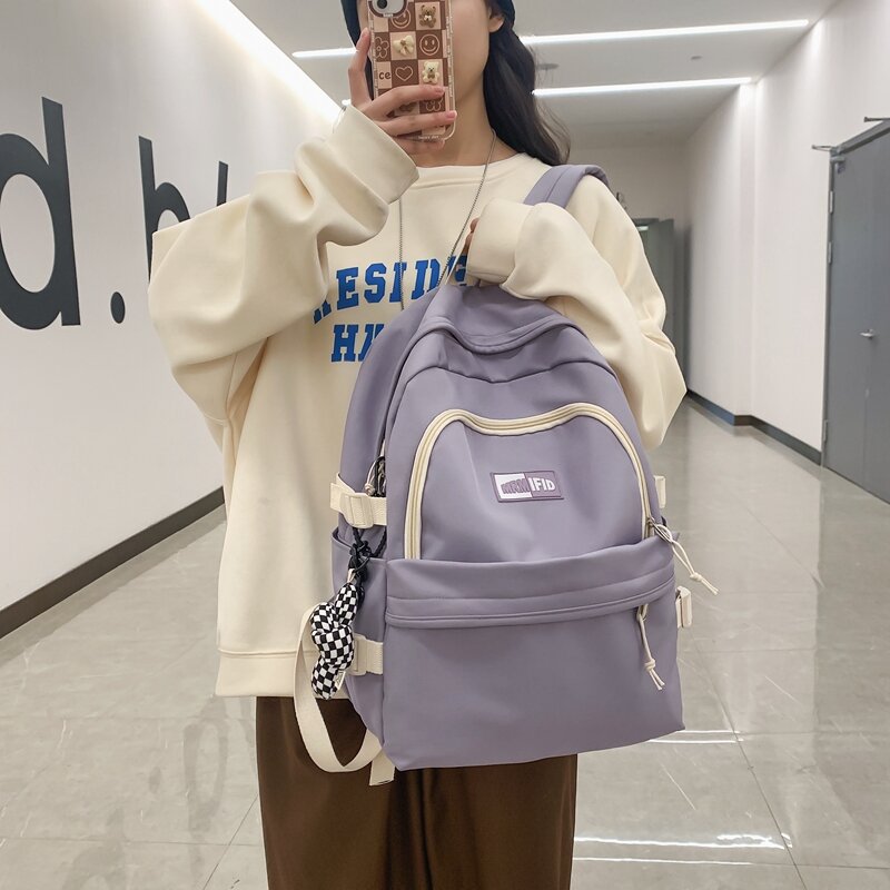 حقيبة ظهر مدرسية لطيفة للنساء من النايلون حقيبة مدرسية Kawaii للسيدات بسعة كبيرة حقيبة ظهر للبنات حقيبة كتب بألوان سادة #5