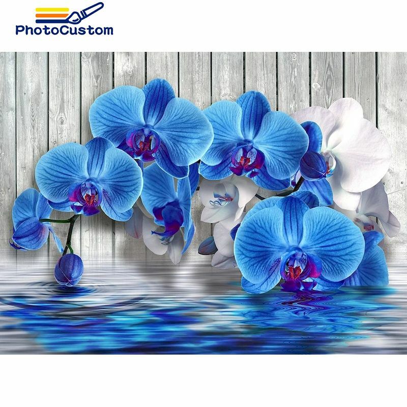 فوتومخصص النفط الطلاء الأزرق الزهور الرسم على قماش هاندبينتيد الفن هدية DIY بها بنفسك الصور حسب عدد زهرية مجموعات ديكور المنزل