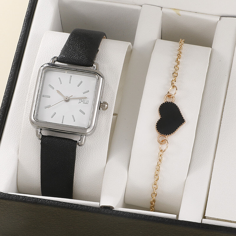 ساعة نسائية بسيط جلد كوارتز ساعة اليد أنيق السيدات ساعة مربعة سوار على شكل قلب السيدات طقم هدايا