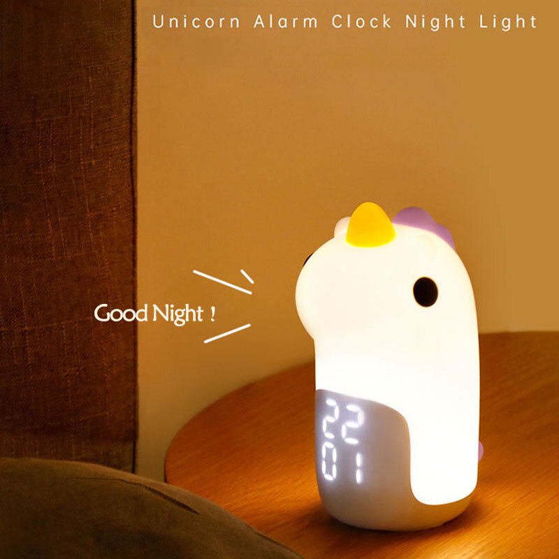 متعددة الوظائف الذكية يونيكورن ساعة تنبيه ضوء الليل التحكم الصوتي الإبداعية للأطفال غرفة نوم سيليكون أضواء ليلية