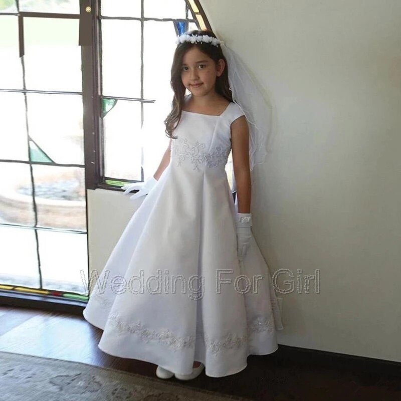 فستان أنيق بياقة مربعة من الدانتيل لفتاة الزهور للأطفال أول مناولة للفتيات فساتين زفاف للأطفال