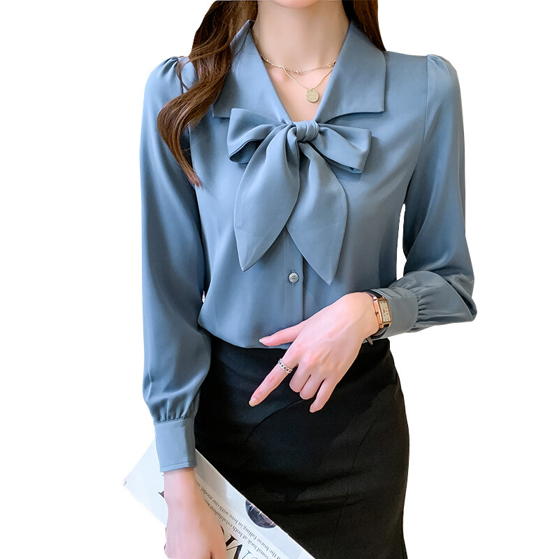مكتب السيدات ربطة القوس فيونكة الرقبة أنيقة المرأة قميص الصلبة السماء الزرقاء طويلة نفخة كم موضة kamas Mujer هونغ كونغ 2022 الربيع