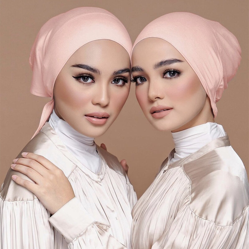 New Premium Jersey Muslim Inner Cap Stretch Hijab With Rope Adjustable Women Underscarf Solid Color Islamic Turban Headwear