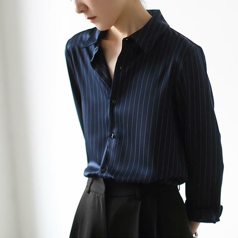مخطط طباعة زر حتى قميص الكورية موضة ملابس خريفية للنساء 2022 أنيقة طويلة الأكمام أسود شيك Sag قميص الإناث