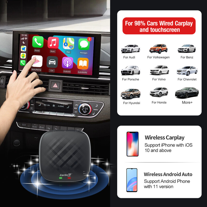 CarlinKit علبة التلفزيون بنظام أندرويد لسيارة فورد VW كيا, صندوق التلفاز CarPlay Ai، كوالكوم ثماني النواة، يدعم تحديد المواقع، يوتيوب ونتفليكس، 4 + 64 جي...