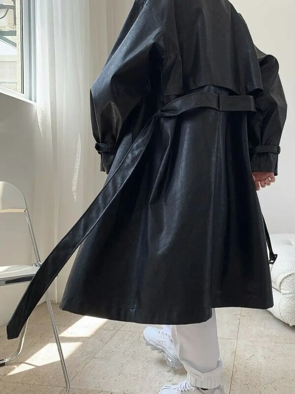 معطف خريفي طويل الحجم من الجلد للنساء موضة 2020 بأكمام طويلة وشاحات معاطف واسعة من الجلد الصناعي للنساء