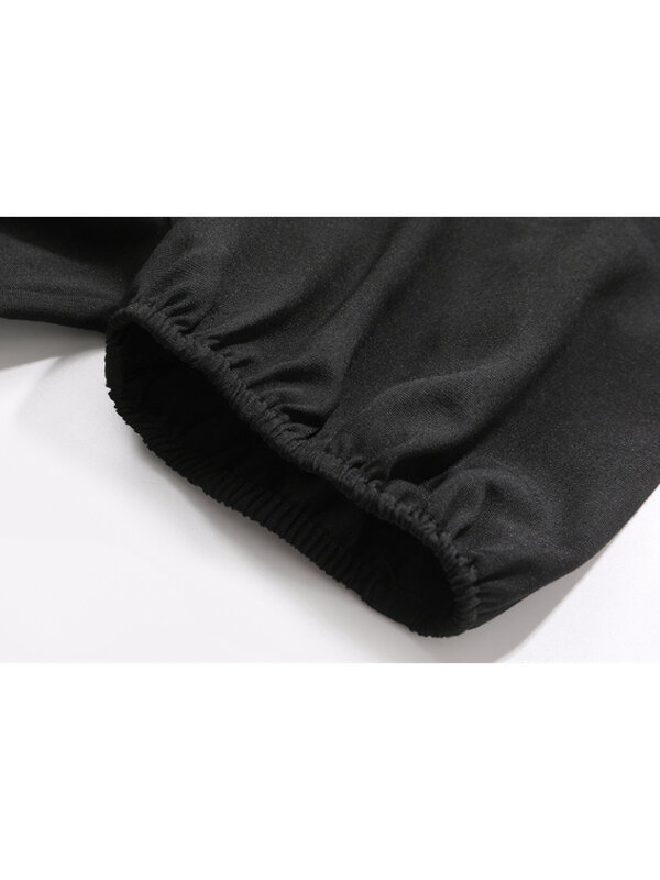 أسود الخامس الرقبة قصيرة الأكمام فستان المرأة الصيف جديد تصميم بسيط Ruffled مطوي التعادل الخصر نفخة الأكمام تنورة قصيرة الإناث