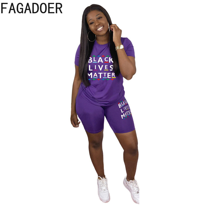 FAGADOER Casual Letter Print Two Piece Sets Summer Women Round Neck Tshirt And Jogger Shorts Tracksuits Female Matching Outfits