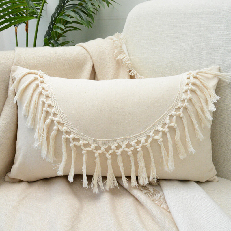 New Boho Beige Handmade Fringed Cushion Cover Cotton Weave Tassel Pillow Case Plain Wabi-sabi Pillow Covers Decorative for Home #3