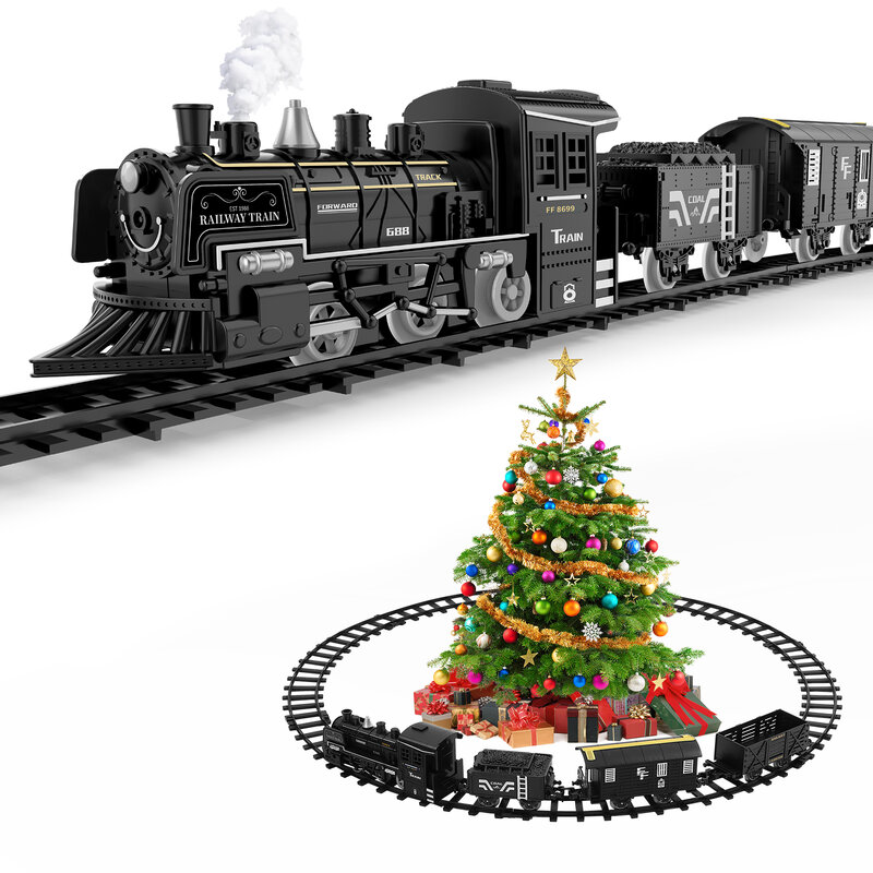 Toyvian عيد الميلاد قطار مجموعة لعبة قطار كهربائي مع الصوت ضوء السكك الحديدية المسارات للأطفال هدية تحت شجرة عيد الميلاد