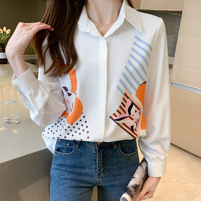 Contrast color floral shirt three-quarter sleeve bow strap top new 2022 autumn chiffon shirt Casual  Floral  Floral   Bow #1