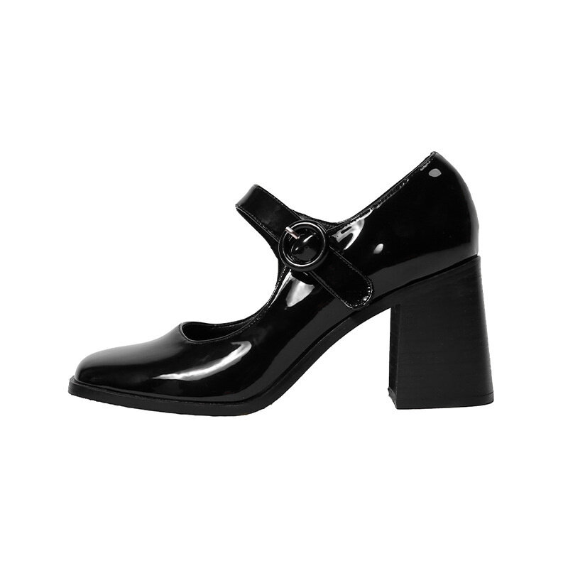 2023 ماري جين أحذية النساء ريترو البريطانية نمط هيبورن الأسود عالية الكعب كلمة واحدة مشبك كعب سميك رئيس مربع الأحذية واحدة النساء