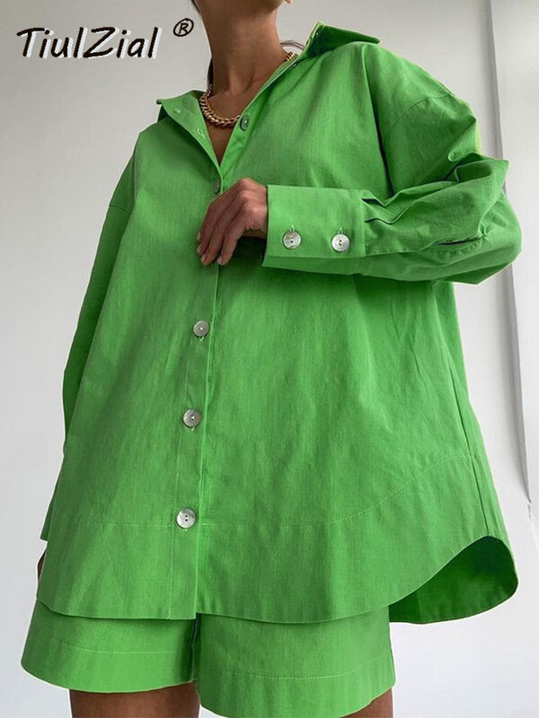 طقم ملابس قصير للسيدات غير رسمي من TiulZial طقم ملابس للتنحيف مكون من قطعتين قميص طويل مقاس كبير وسروال قصير بخصر عالي أخضر