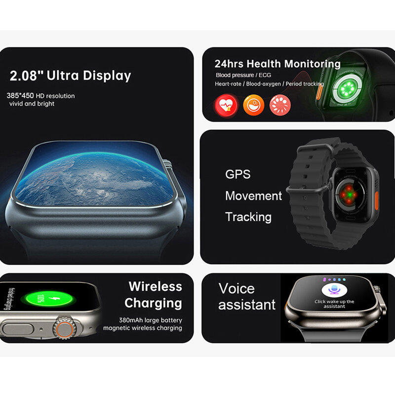 W & O جديد ساعة ذكية الرجال الترا سلسلة 8 بلوتوث دعوة NFC 2.08 بوصة Smartwatch للنساء 49 مللي متر رصد الصحة سوار لياقة بدنية