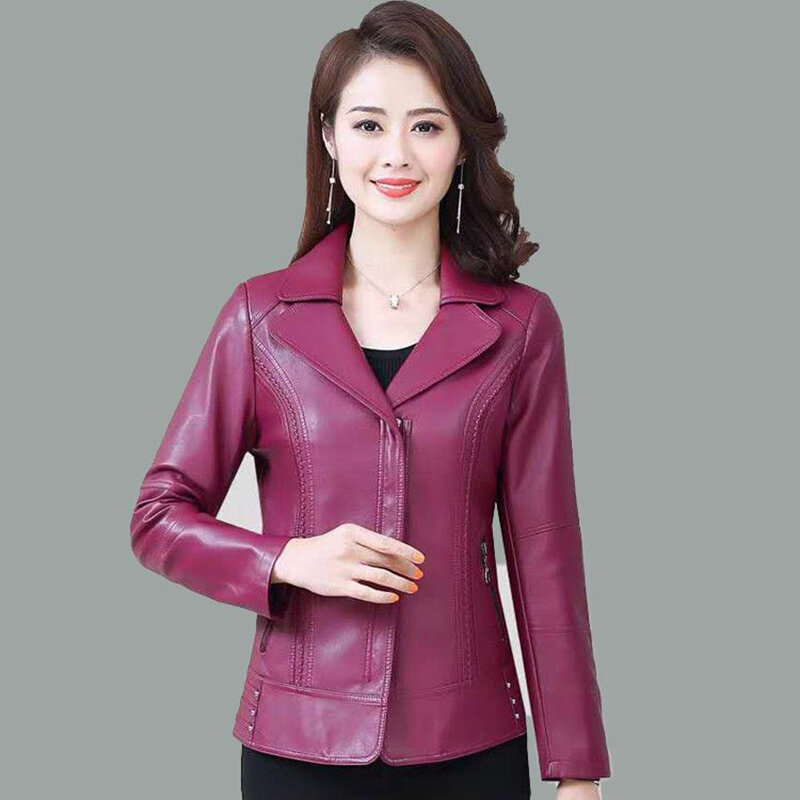 Turn-Down Collar Leather Jackets Women Rivet Slim Fashion Coat L-6XL Fashion Clothing Jaqueta Feminina Black Red Purple YTNMYOP