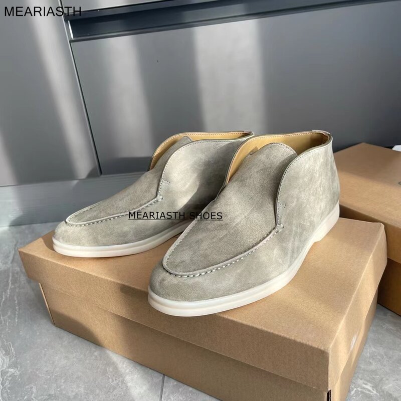 Suede High Top Men Loafers Flat Shoes Round Toe Slip On Causal Moccasins Driving Shoes Open Walk Shoes Women Short Ankle Boots
