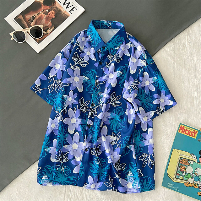 EBAIHUI زهرة طباعة قمصان صيفية الشاطئ Harajuku نمط المرأة بلوزة المتضخم قميص علوي بدوره أسفل طوق قصيرة الأكمام الحلو