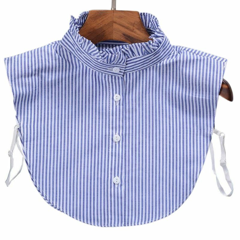 Minimalist Stripes Denim Collar Women Detachable Lapel Fake Collar Ruffles Lace Splicing Button Down False Half Shirt Blouse