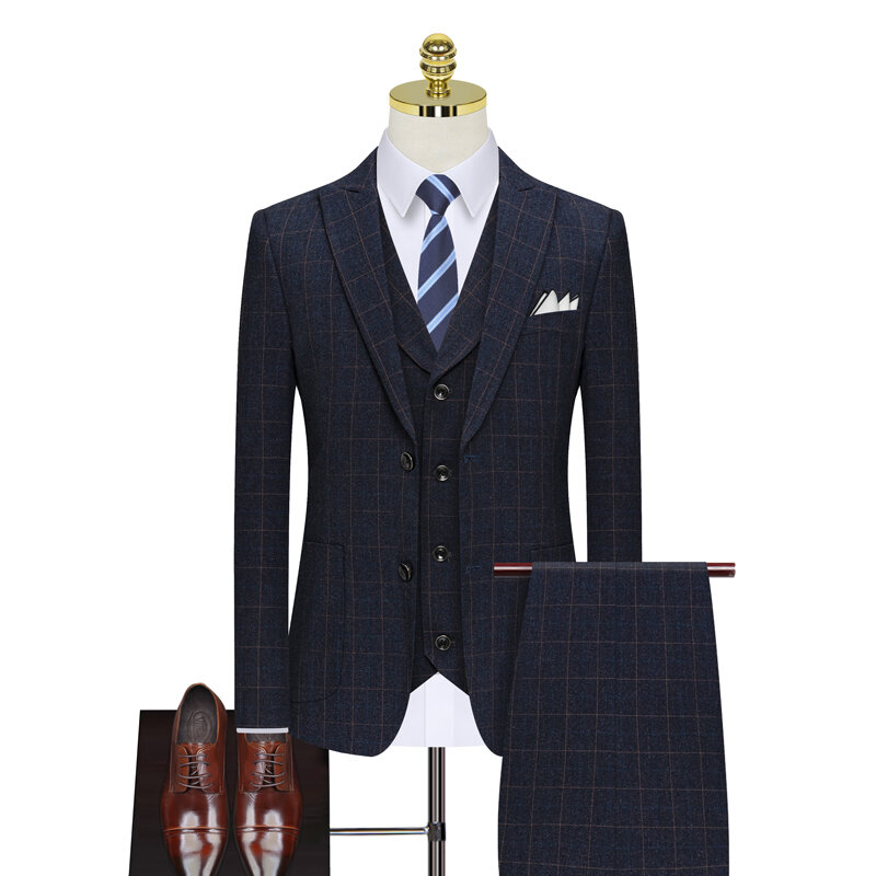 Plyesxale Korean Fashion Blue Plaid Suits For Men Slim Fit Mens Suits 3 Piece Wedding 2022 Elegant Business Dress Suit Male Q970 #2