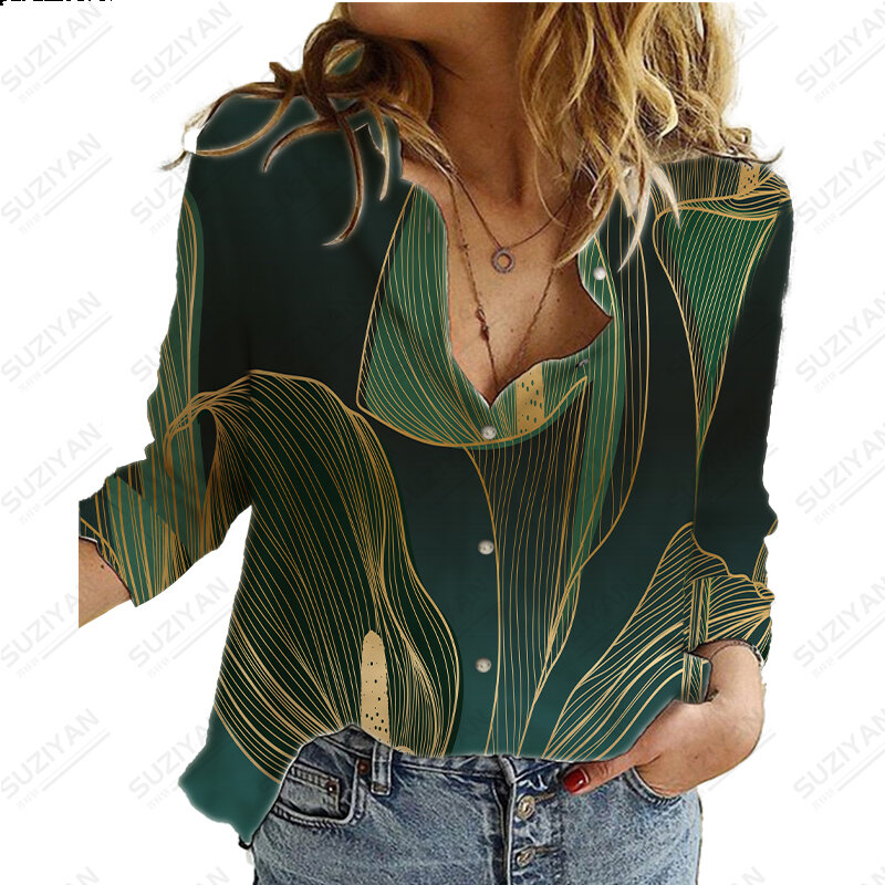 جديد النباتات الاستوائية طباعة التلبيب المرأة قميص كبير طويل الأكمام زر قميص طويل الأكمام فضفاضة قميص المرأة عادية