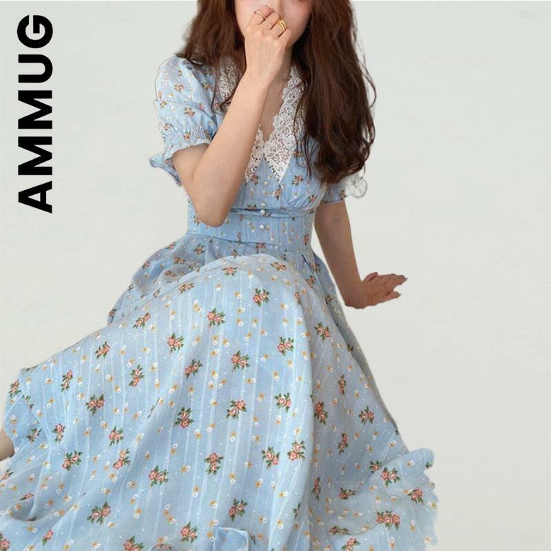 Ammug فستان جديد المرأة مطاطا الدانتيل الشيفون الكورية فستان حفلة نفخة الأكمام الخامس الرقبة فستان ميدي رداء كسول فستان رخيصة امرأة