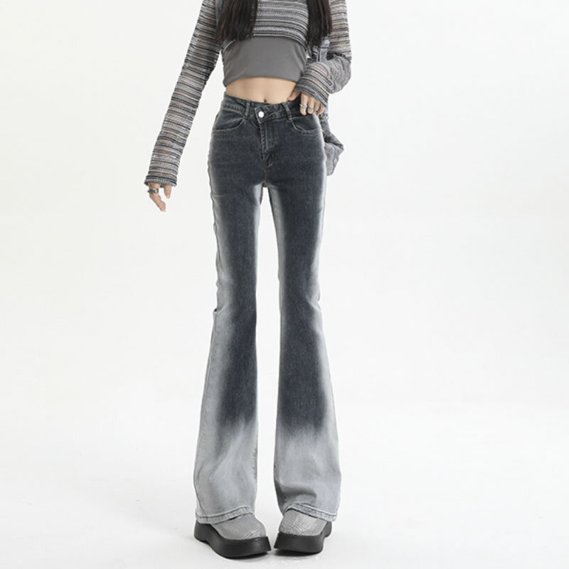 بنطلون جينز نسائي كلاسيكي متدرج اللون متوهج ، بنطلون عالي الخصر ، ملابس شارع أنيقة ، Y2K