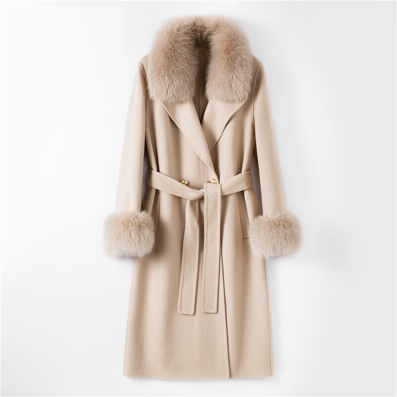 Luxury Real Fur Long Coat Women Winter Natural Fox Fur Collar Jacket Cashmere Wool Blends Warmth Outerwear Ladies Streetwear