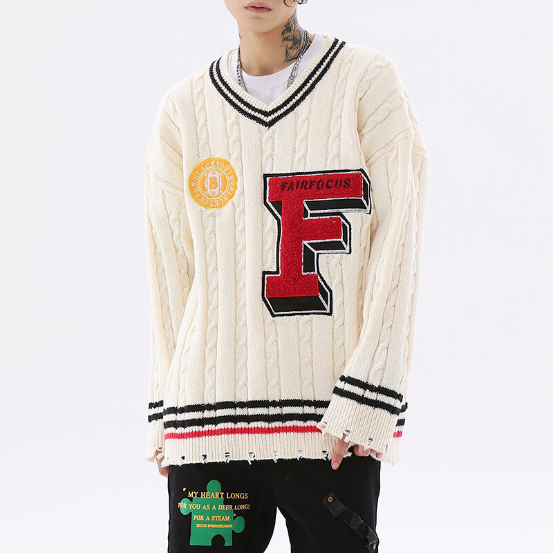 High Street Towel Letter Embroidery Twist V Neck Mens Clothes Retro Oversized Pullover Casual Patchwork Loose Autumn Sweaters