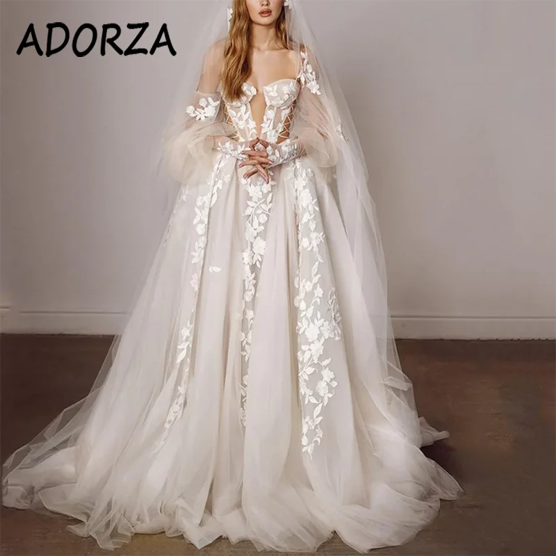 أدورزا-فستان زفاف أنيق بأكمام طويلة مع زينة دانتيل ، فستان زفاف مقطوع ، ذيل محكمة ، فستان العروس #3