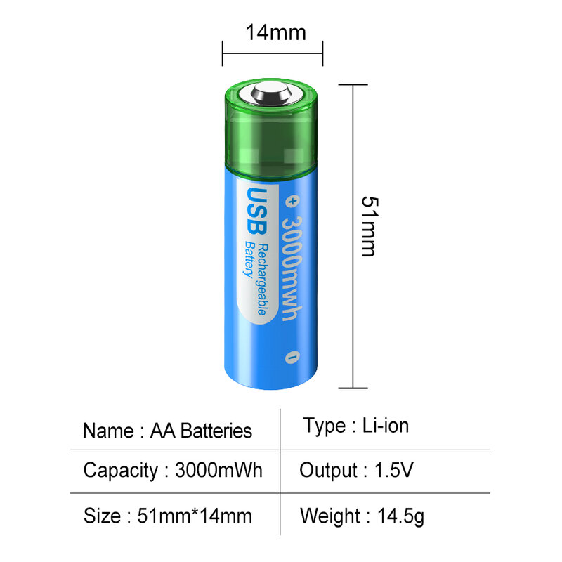 جديد قدرة عالية 1.5 فولت AA 3000 mWh بطارية ليثيوم أيون قابلة للشحن USB بطاريات ليثيوم للعب عن بعد ماوس مروحة بطارية كهربية