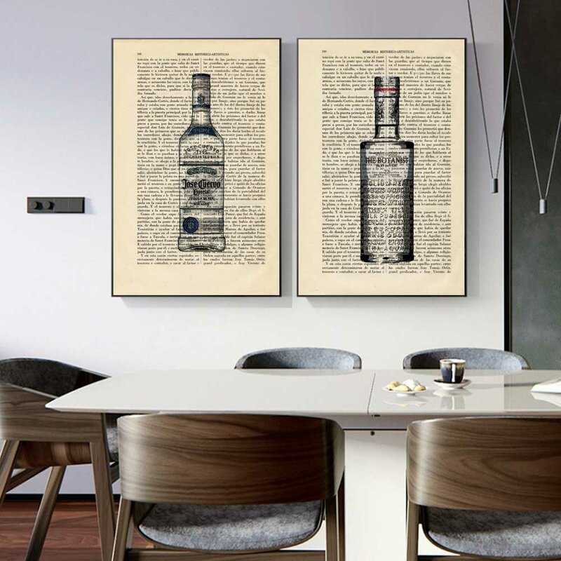 الرجعية الفن الطباعة حائط لوح رسم كتاب الفن زجاجة نبيذ كأس للنبيذ المشارك مكتب غرفة المعيشة الممر ديكور المنزل جدارية
