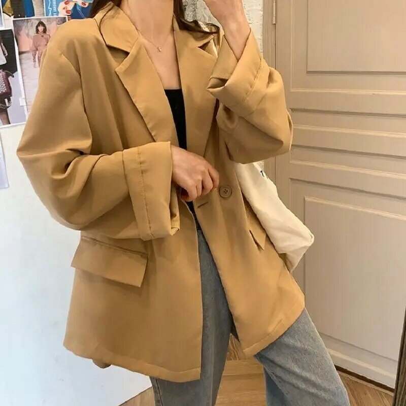 Korean Mid Length Loose Blazers Women Single Button Solid Colors Drape Breathable Suit 2021 New Spring Autumn Fashion Blazers