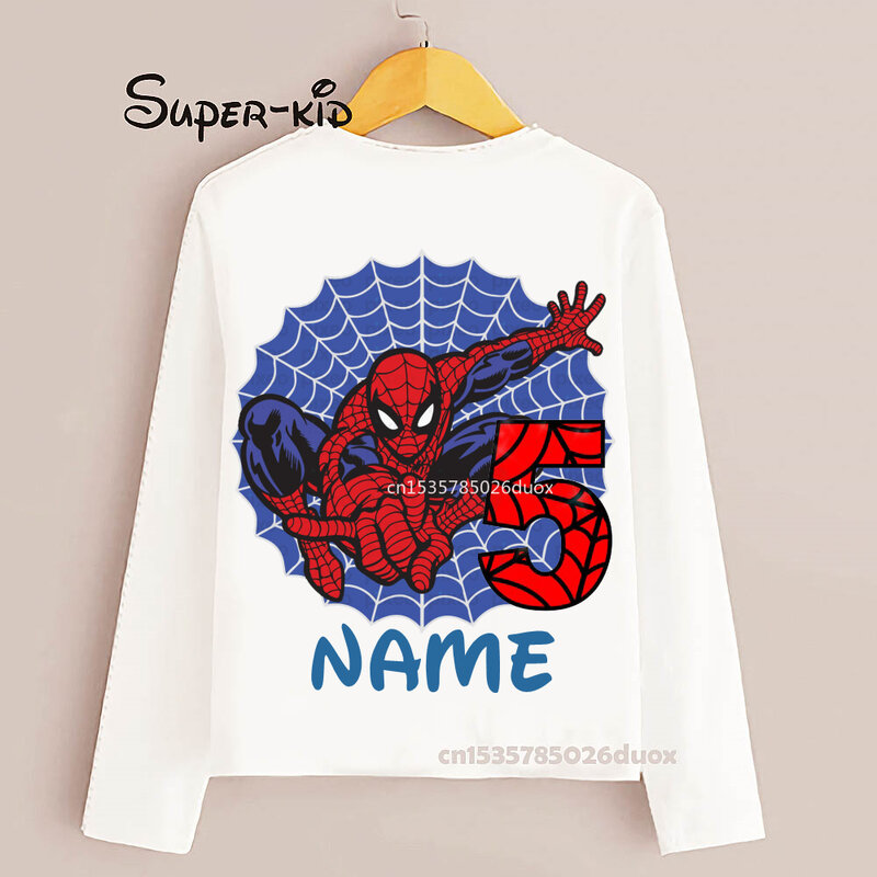 Super Hero Birthday Boy Shirt 3 4 5 6 Year Boys Birthday Spiderman Shirts Marvel Personalize Name Birthday Long sleeve T-shirt #1