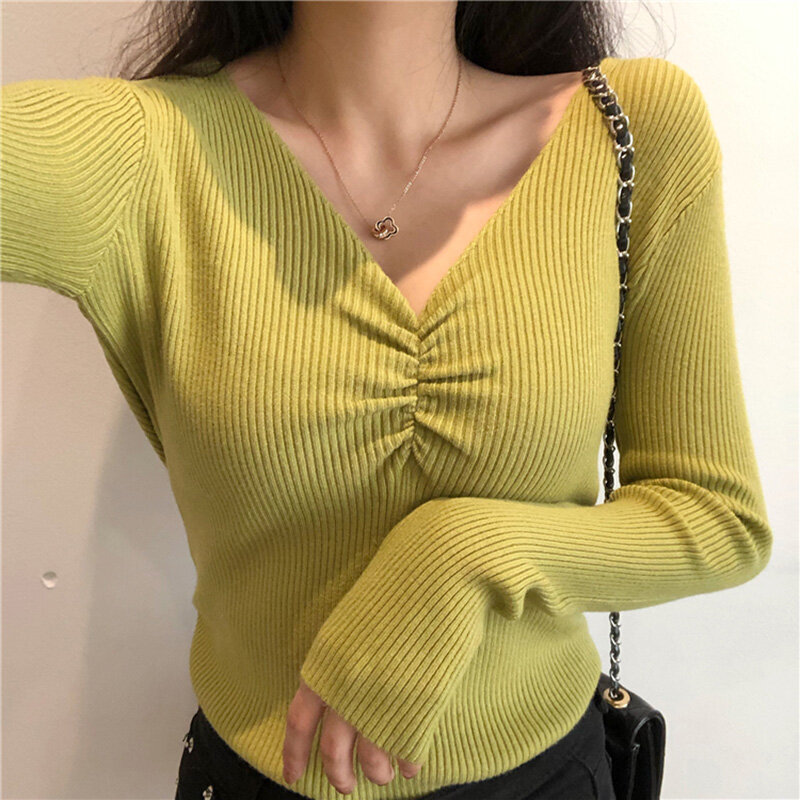 new Women 2022 Autumn Sweater Women V-Neck Pleated Chest Sweaters Knitted Pullovers Long Sleeve V-neck Sweater For Women #1
