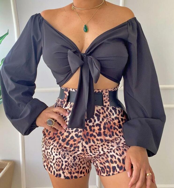 Two Piece Women, Casual Deep V Neck Solid Color Long Sleeve Top and Belt Print Short 2022 Summer Sexy Outfit