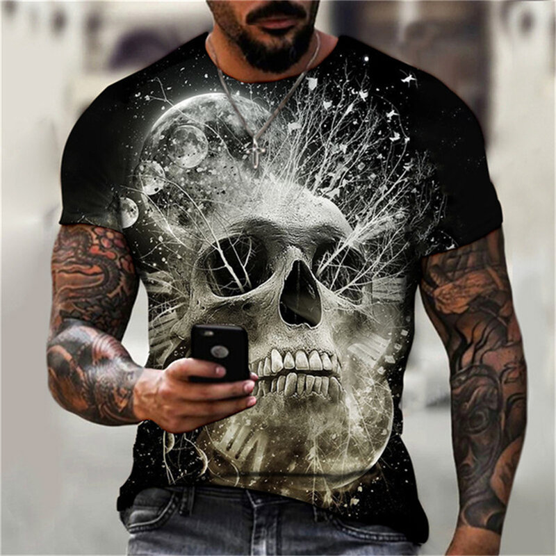 Summer 3D Print Men's Horror Skull T-shirts Loose O-Neck Short Sleeve Skeleton Street Rock Hip-Hop Tops & Tees Men Clothing 6XL
