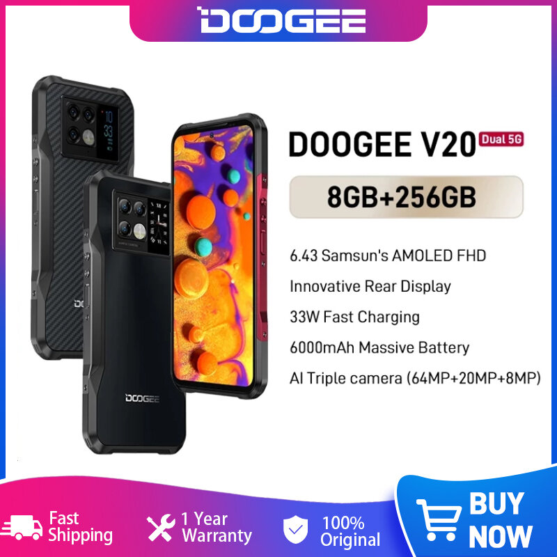 هاتف DOOGEE V20 مزدوج 5G شاشة 6.43 "FHD AMOLED شاشة خلفية مبتكرة هاتف قوي 8 + 256GB هاتف ذكي كاميرا 64MP 6000mAh