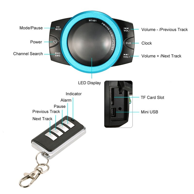 Motorcycle Audio Sound System Stereo Speaker Scooter FM Radio Bluetooth USB MP3 Music Player Anti-Theft Remote Control