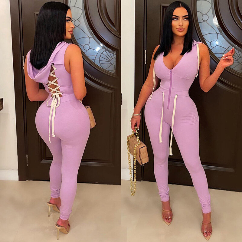 Wishyear 2022 Sexy Sporty Bodycon Jumpsuits Women Fashion Hollow Out Backless Sleeveless Hooded One Piece Outfits Dropshipping