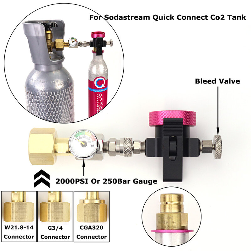 الصودا المياه تيار الوردي CO2 اسطوانة عبوة محول ، سريعة الاتصال محول مع مجموعة قياس ، أكوا الثنائي الفن ، W21.8-14 ، G3 ، 4 ، CGA320 موصل