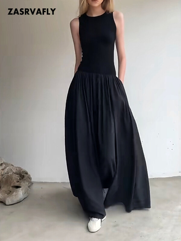 ZASRVAFLY حركة الأسود تانك فستان ماكسي للنساء عادية بلا أكمام الربيع الصيف طول الأرض فساتين مع جيوب جانبية