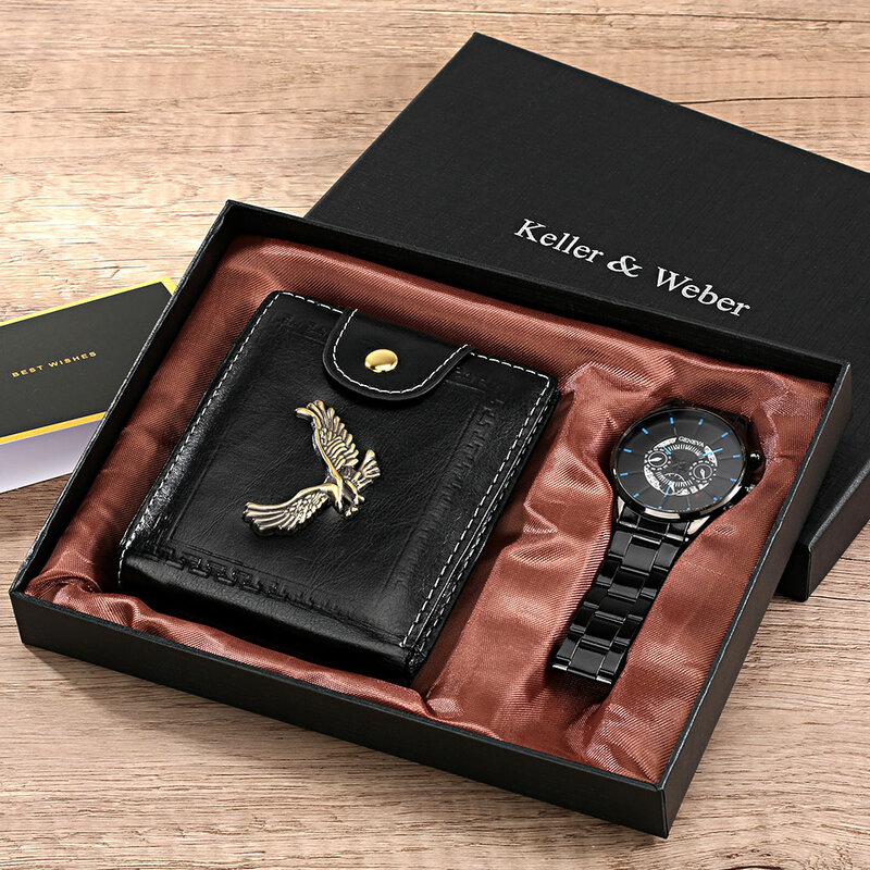 الكلاسيكية ساعة رجالي مجموعة الأعمال المحفظة الفولاذ المقاوم للصدأ حزام الفاخرة الكوارتز ساعة اليد هدية صندوق عيد ميلاد لزوج صديقها