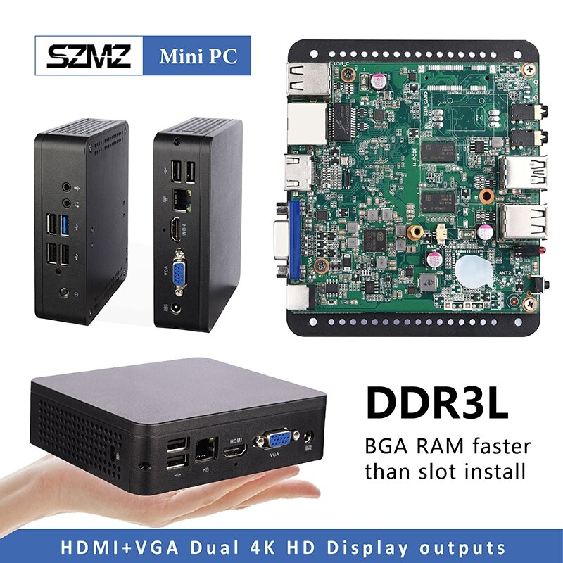 SZMZ كمبيوتر مصغر X5 Z8350 1.92GHz 4GB RAM 64GB SSD Wnidows 10 كمبيوتر مكتبي لينكس دعم 2.5 بوصة HDD ، VGA & HDMI إخراج مزدوج