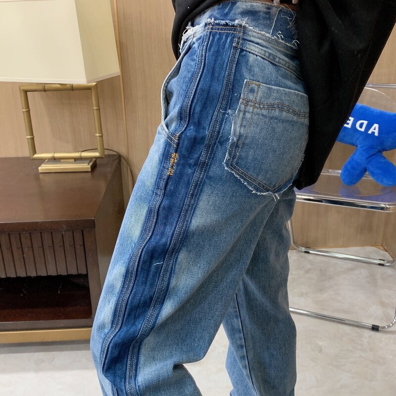 بنطلون جينز عالي الجودة ماركة ADER بألوان متباينة مغسول مرتفع الخصر مستقيم للرجال والنساء بنطلون للجنسين
