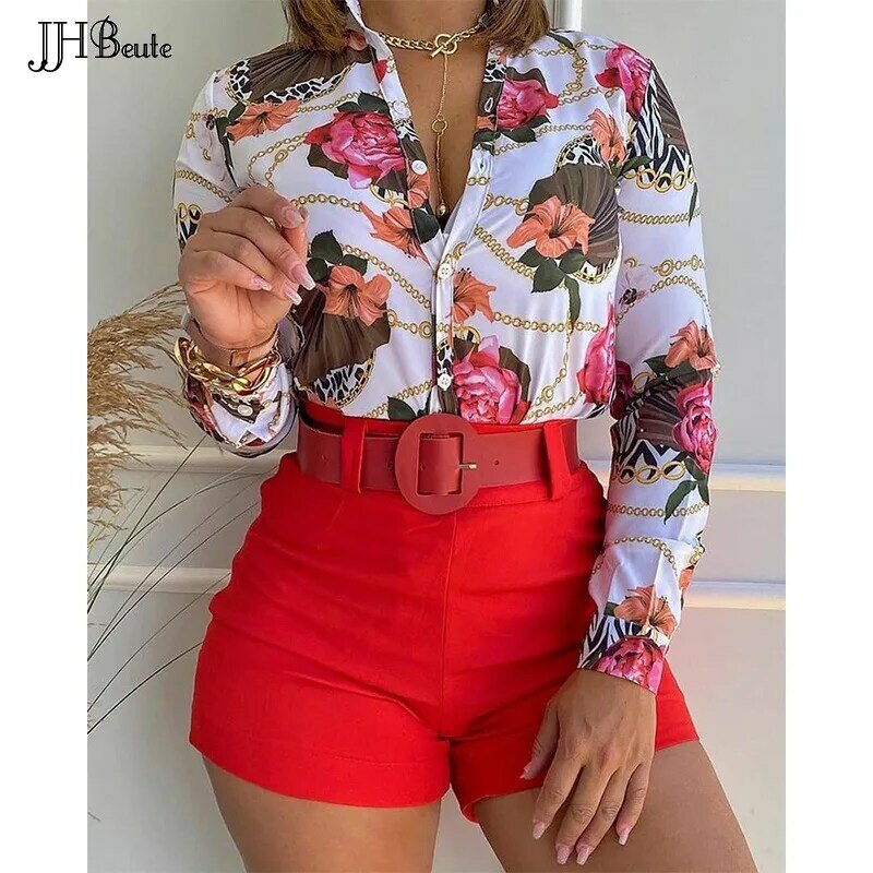 Women's Fashion Clothing JHBeute 2022 Summer Beach Stand Collar Long Sleeve Printing Shirt Ladies Casual Top Shorts Mujer