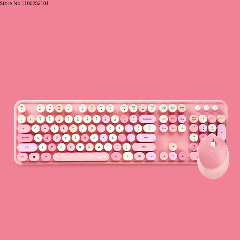 الرجعية اللاسلكية لوحة مفاتيح وماوس 2.4 جرام زر دائري لطيف الوردي لوحة المفاتيح قابل للتعديل حامل USB واجهة الصامت مكتب الديكور أ